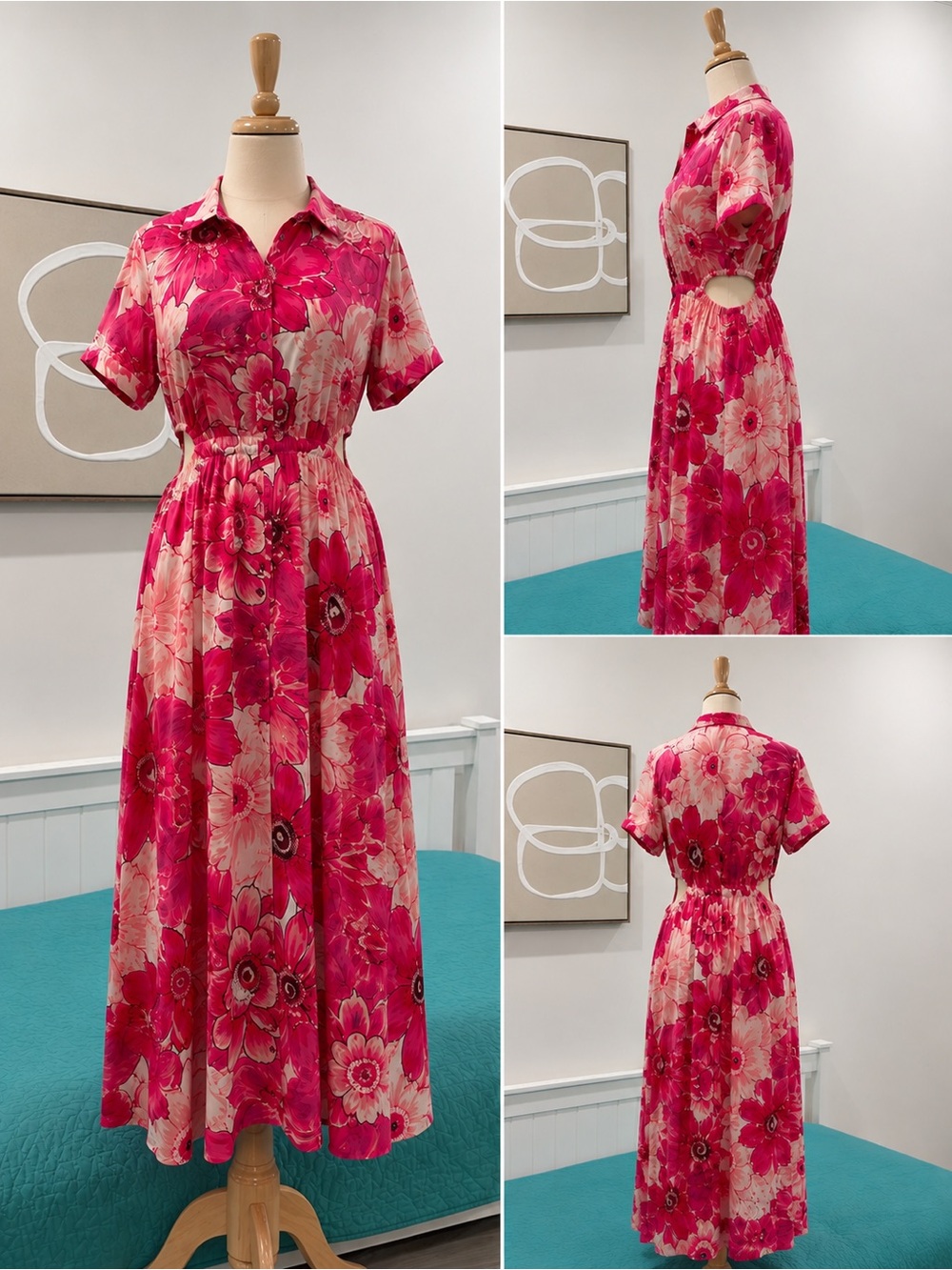 Indigo Rose Floral Maxi Dress Pink Red Aesthetic Boho Short Sleeve Size M